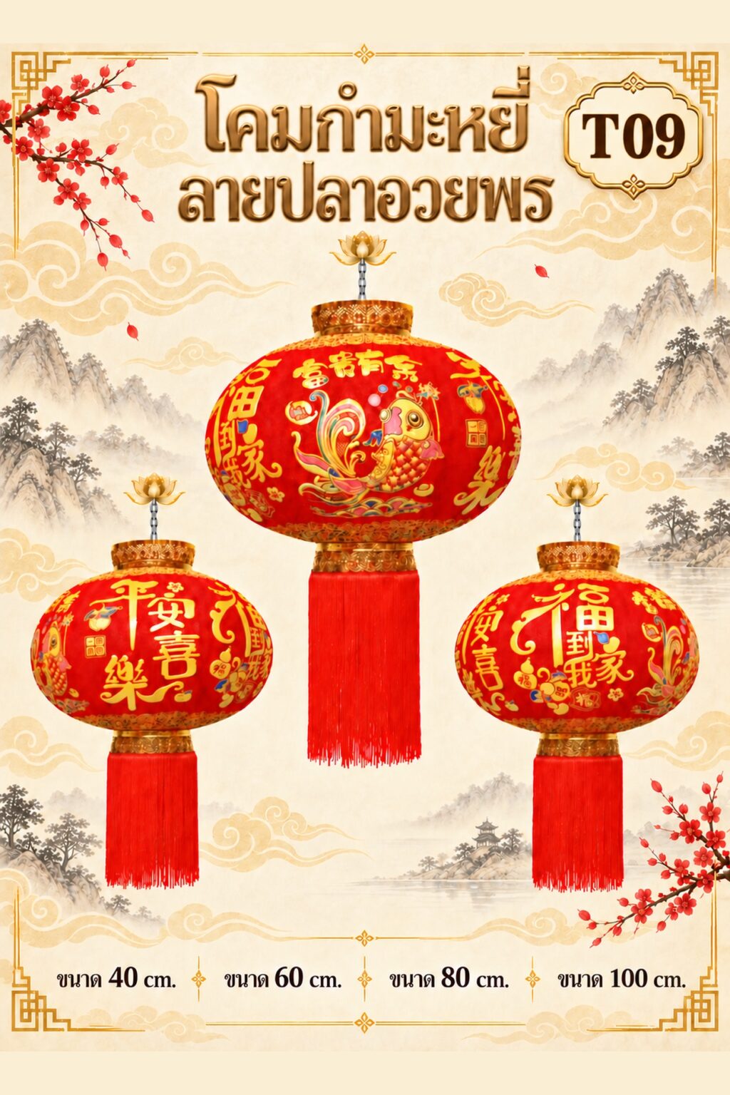 โคมกำมะหยี่ ลายไฉ่ซิ่งโชคลาภ (T09))
